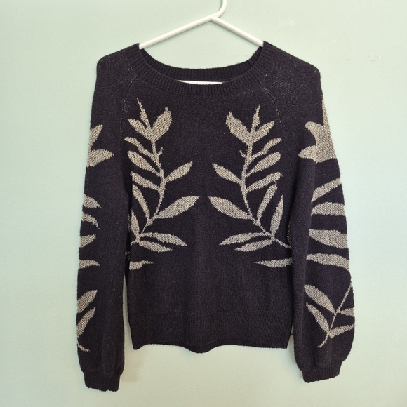 Lucky Brand Women's Black Crewneck Knit Sweater W Gold Thread Leaves Size S-L - Picture 2 of 5
